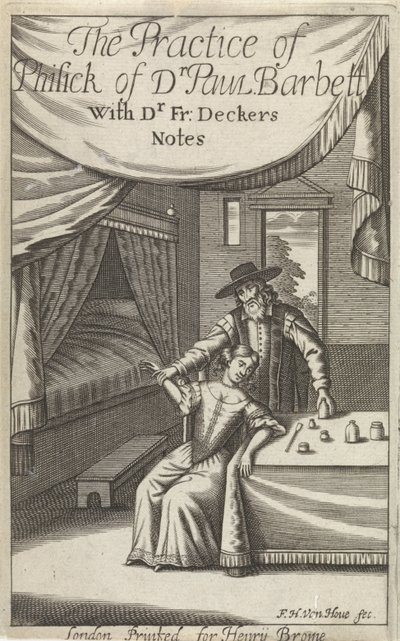 doctor, con, mujer joven, en, un, interior Página de título para: Dekkers, F., The Practice of Phisick of Dr. Pablo Barbett de Frederick Hendrick van den Hove
