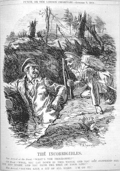 Los incorregibles. Nueva llegada al frente; "¿Cuál es el programa?", Veterano; "Bueno, te acuestas en esta agua, y te acribillan todo el día y la noche, ¡y te lo pasas en grande!" Nueva llegada; "Suena bien. ¡Estoy en ello!" de Frederick Henry Townsend