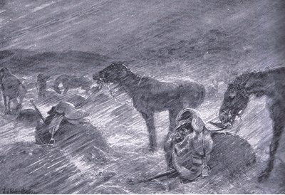 Una tormenta de granizo en Sudáfrica, de Después de Pretoria: La Guerra de Guerrillas publicado por Harmsworth Bros Limited, 1901 de Frederick Judd Waugh