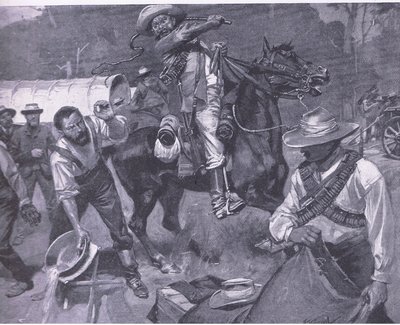 Tratamiento bóer de los enviados de paz: La flagelación de Margendaal, de Después de Pretoria: La Guerra de Guerrillas publicado por Harmsworth Bros Limited, 1901 de Frederick Judd Waugh