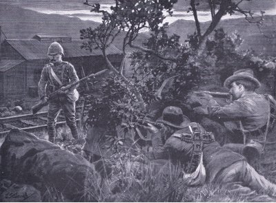 Guerra degenerada: Bóers disparando a un centinela, de Después de Pretoria: La Guerra de Guerrillas publicado por Harmsworth Bros Limited, 1901 de Frederick Judd Waugh