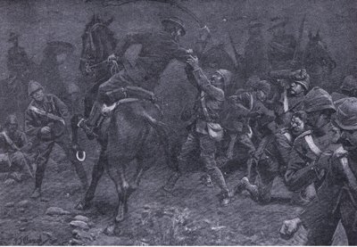 El Mayor Boole-Smith enfrenta a De Wet, de Después de Pretoria: La Guerra de Guerrillas publicado por Harmsworth Bros Limited, 1901 de Frederick Judd Waugh