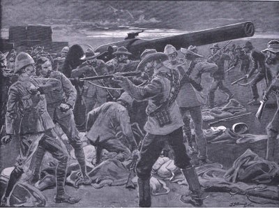 El ataque a Gun Hill: Los artilleros del naval 47 sorprendidos, de Después de Pretoria: La Guerra de Guerrillas publicado por Harmsworth Bros Limited, 1901 de Frederick Judd Waugh
