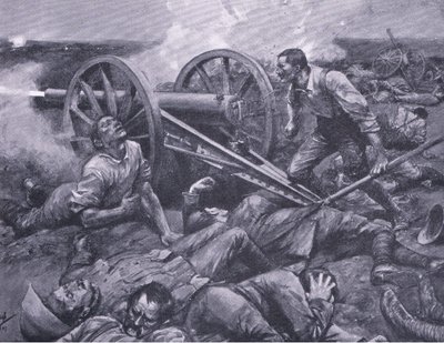 La defensa de Dewetsdorp: operando un cañón de 15 libras solo (ilustración de After Pretoria: The Guerilla War, 1902) de Frederick Judd Waugh