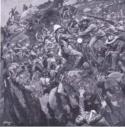 El desastre en Nooitgeddacht: El fin de un valiente señalero, de Después de Pretoria: La Guerra de Guerrillas publicado por Harmsworth Bros Limited, 1901 de Frederick Judd Waugh