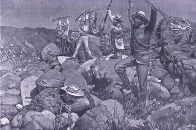 La rendición fingida que atrajo a los Liverpools a una posición desesperada, ilustración de Después de Pretoria: La Guerra de Guerrillas, 1902 de Frederick Judd Waugh