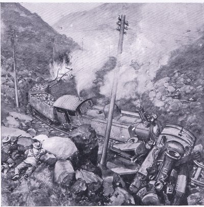 El descarrilamiento de un tren blindado cerca de Vlakfontein (ilustración de After Pretoria: The Guerilla War, 1902) de Frederick Judd Waugh
