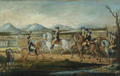 Washington revisando el ejército occidental en Fort Cumberland, Maryland de Frederick Kemmelmeyer