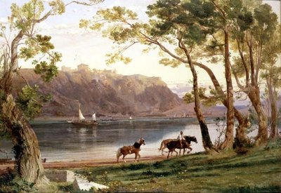 Paisaje Fluvial con Caballos de Barcaza de Frederick Lee Bridell