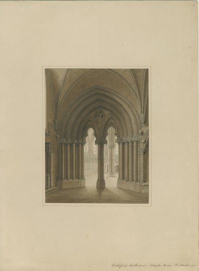 Interior de la Catedral de Lichfield - Puerta de la Sala Capitular: dibujo en sepia de Frederick Mackenzie