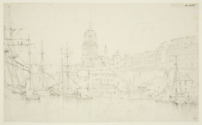 St Mary Redcliffe y Redcliffe Wharf desde el puente de Prince Street de Frederick Mackenzie