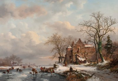 Un paisaje invernal con patinadores en un río congelado de Frederick Marianus Kruseman