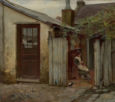 Niña con pájaro frente a la panadería de King Street de Frederick McCubbin