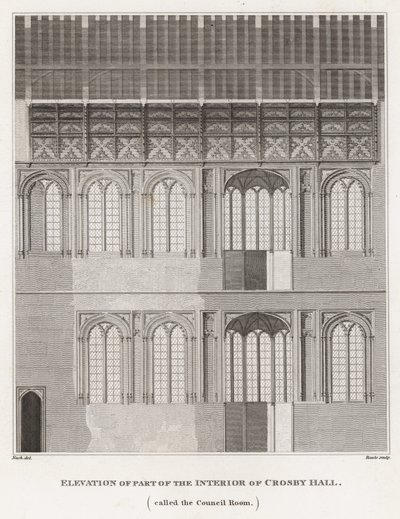 Elevación de parte del interior de Crosby Hall de Frederick Nash