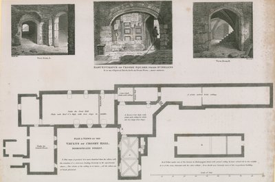 Plano y vistas de las bóvedas de Crosby Hall, Bishopsgate Street de Frederick Nash