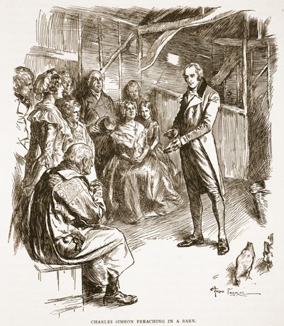 Charles Simeon predicando en un granero, ilustración de 
