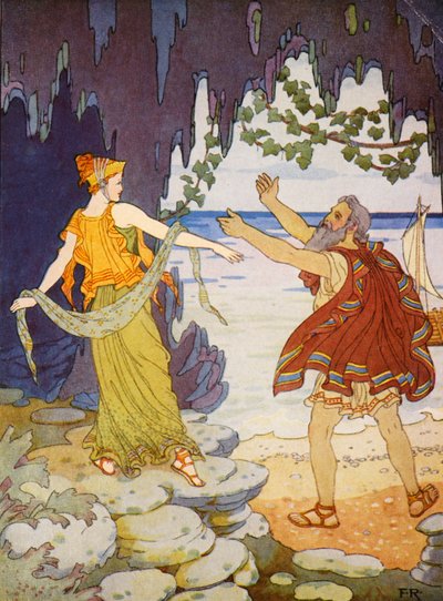 Calipso se despidió de él en la orilla del mar (litografía en color) de Frederick Richardson