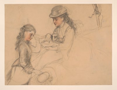 Estudio de dos niñas, con un estudio de una mano a la derecha de Frederick Sandys