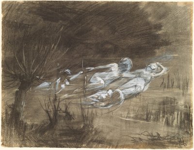 Mujer flotando en un río atendida por dos espíritus femeninos de Frederick Trapp Friis