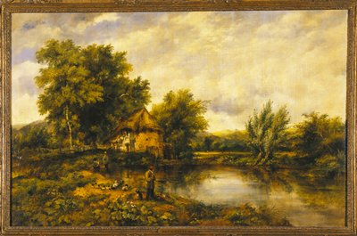 Un Paisaje Fluvial con un Pescador junto a un Molino de Frederick Waters Watts