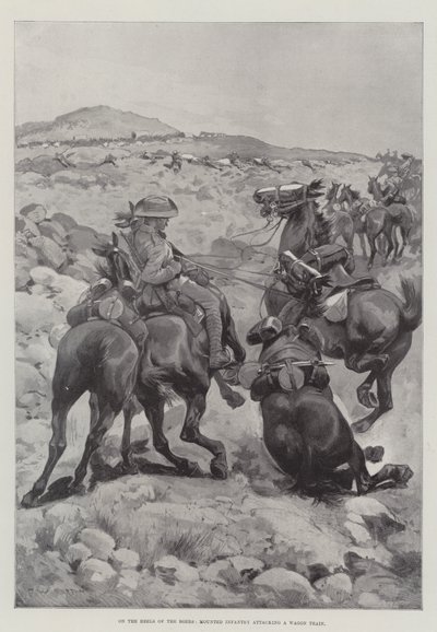 Tras los talones de los bóers, Infantería montada atacando un tren de vagones de Frederick William Burton