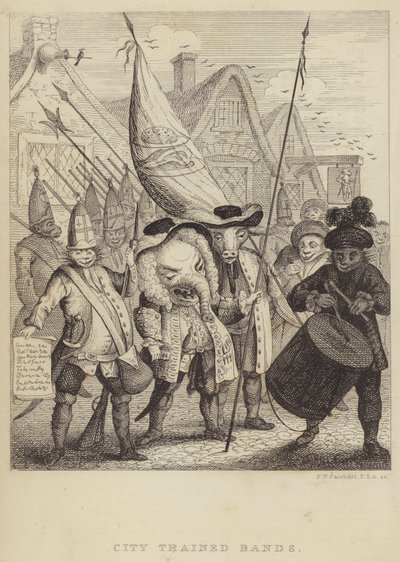 City Trained Bands: sátira sobre las milicias asociadas con la Ciudad de Londres y el pánico generado por la Rebelión Jacobita de 1745 de Frederick William Fairholt