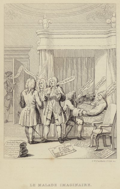 Le Malade Imaginaire: sátira que representa al autor y botánico John Hill en la cama siendo consultado por una serie de médicos decididos a asegurar sus honorarios de Frederick William Fairholt