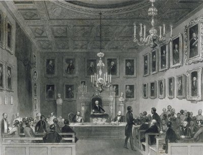 Vista del interior de Somerset House, mostrando una reunión de la Sociedad Real de Anticuarios, c.1840 de Frederick William Fairholt