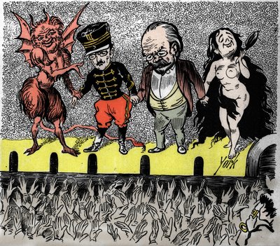 Rehabilitación de Dreyfus: la conclusión, los protagonistas son aplaudidos por el público. De izquierda a derecha, el diablo que dirigió el caso, el Capitán Alfred Dreyfus, Emile Zola y el Desnudo Verdadero. Viñeta satírica de York. de Frederick York