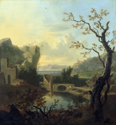 Paisaje de estilo italiano con un puente fortificado en ruinas (óleo sobre lienzo) de Frederick de Moucheron
