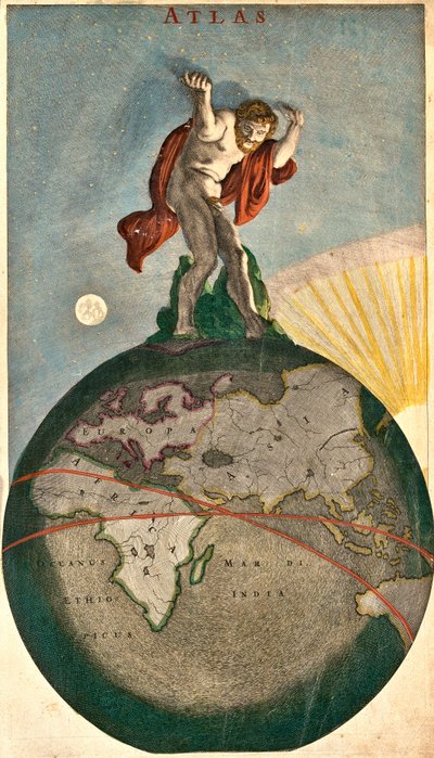 Atlas sosteniendo la bóveda celeste, apoyándose en la Tierra de Frederick de Wit