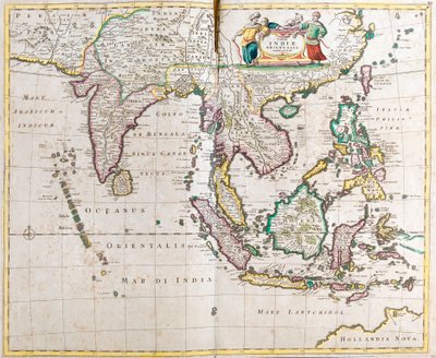 Mapa de la India Oriental (Sur y Sudeste de Asia: Pakistán, India, Nepal, Bangladesh, Birmania, Sri Lanka, Tailandia, Malasia, Vietnam, Camboya, Laos, Filipinas, Singapur e Indonesia) de Frederick de Wit