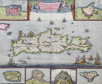 Mapa de la isla de Candia (Creta) con el puerto de Heraklion, c.1680 de Frederick de Wit