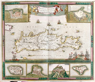 Mapa de la isla de Creta, con vistas de las ciudades fortificadas La Canea y Heraclión y las fortalezas de Spinalonga, Retino, Thine y Souda de Frederick de Wit