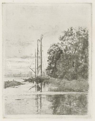 Vista al río con dos barcos y una barcaza. de Fredericus Jacobus van Rossum du Chattel (signed by artist)