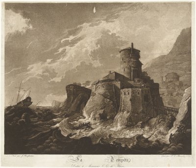 Castillo en costa rocosa y barcos en tormenta en el mar La Tempête (título sobre objeto) de Frederik Christiaan Bierweiler