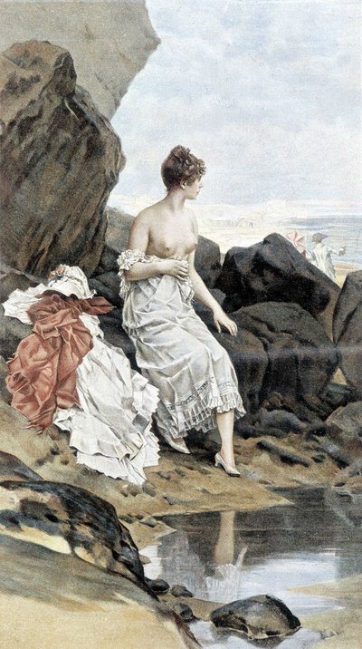 Mujer junto al mar bañándose en escondite - alegoría del verano, calendario ilustrado por Hubert Dys, pintado por F.H. Kaemmerer de Frederik Hendrik Kaemmerer
