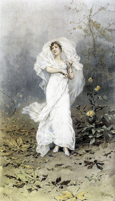 Mujer en un bosque - Alegoría del otoño, calendario ilustrado por Hubert Dys de Frederik Hendrik Kaemmerer