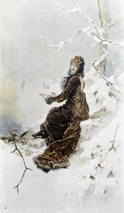 Mujer en la nieve: Alegoría del invierno, calendario ilustrado por Hubert Dys de Frederik Hendrik Kaemmerer