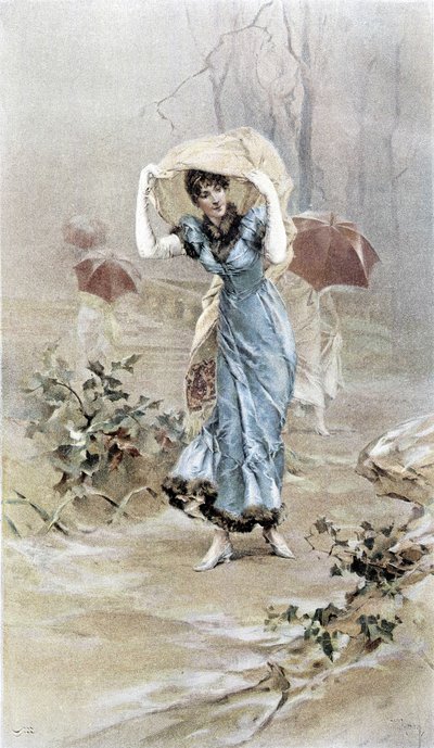 Mujer protegiéndose de la lluvia - alegoría de principios de otoño, calendario ilustrado por Hubert Dys de Frederik Hendrik Kaemmerer