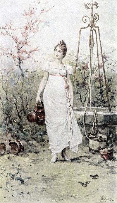Mujer regresando de un pozo - alegoría de la primavera, calendario ilustrado por Hubert Dys, pintado por F.H. Kaemmerer de Frederik Hendrik Kaemmerer