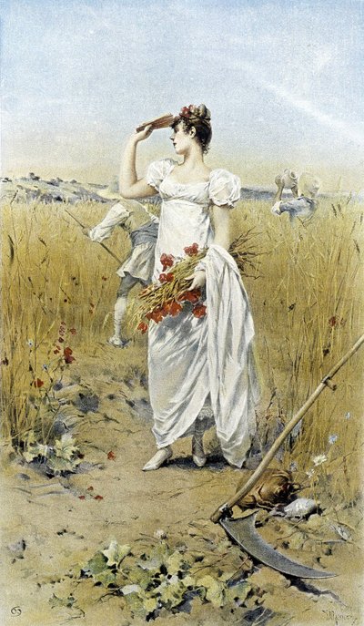 Mujer con trigo y amapolas - alegoría del final del verano, calendario ilustrado por Hubert Dys de Frederik Hendrik Kaemmerer