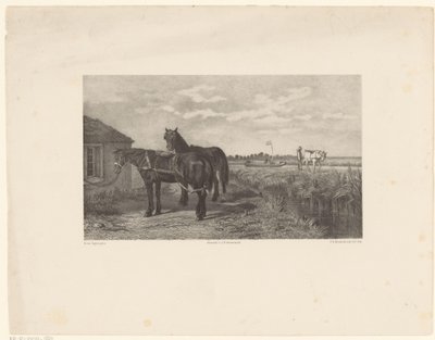 Dos caballos frente a un granero. de Frederik Hendrik Weissenbruch