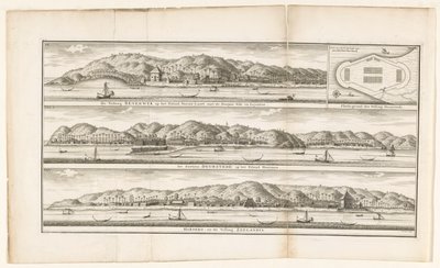 Tres fortalezas en las Molucas La Fortaleza Beverwyk en la Isla de Noesa-Laoet, con los Pueblos de Sila y Leynitoe / Mapa de la Fortaleza Duurstede / Las Fortalezas Duurstede en la Isla de Honimoa / Haroeko, y la Fortaleza Zeelandia (título sobre el objeto de Frederik Ottens