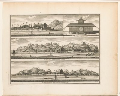 Tres fortalezas en Ambon Hila, and the Fortres Amsterdam / New Moorsche Temple of Hila / The Fortres Rotterdam on Larike / De Pas Baguwala and the Vesting Middelburg (título sobre el objeto) de Frederik Ottens