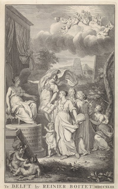 Minerva y las Artes para una figura entronizada Página de título para: The Groot Natuur- en Zedekundigh Wereldtoneel, Delft, R. Boitet, 1743 de Frederik Ottens