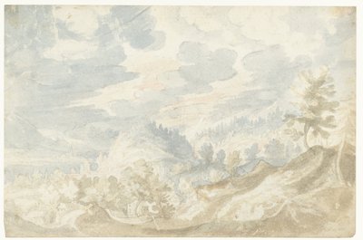 Paisaje montañoso con vista a un valle (¿del Danubio?) y una torre de iglesia de Frederik van Valckenborch