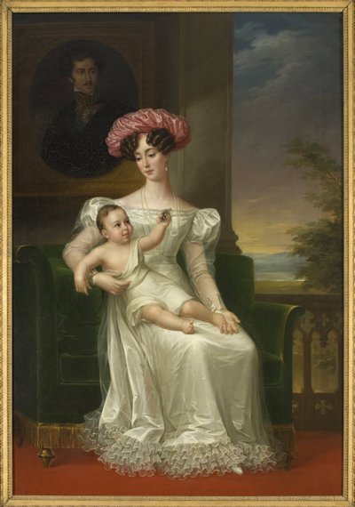 Retrato de Josefina de Leuchtenberg, Reina de Suecia y Noruega (con su hijo Carlos XV en brazos, sentado frente a un retrato del rey Oscar I) de Fredric Westin