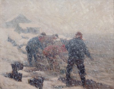 Las pescadores tiran del jábega en una tormenta de nieve (óleo sobre lienzo) de Fredrik Kolstoe