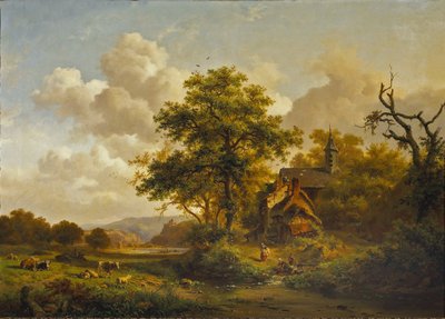 Un paisaje tranquilo con mujeres lavando junto a un arroyo y ganado vacuno y ovino descansando. de Fredrik Marinus Kruseman